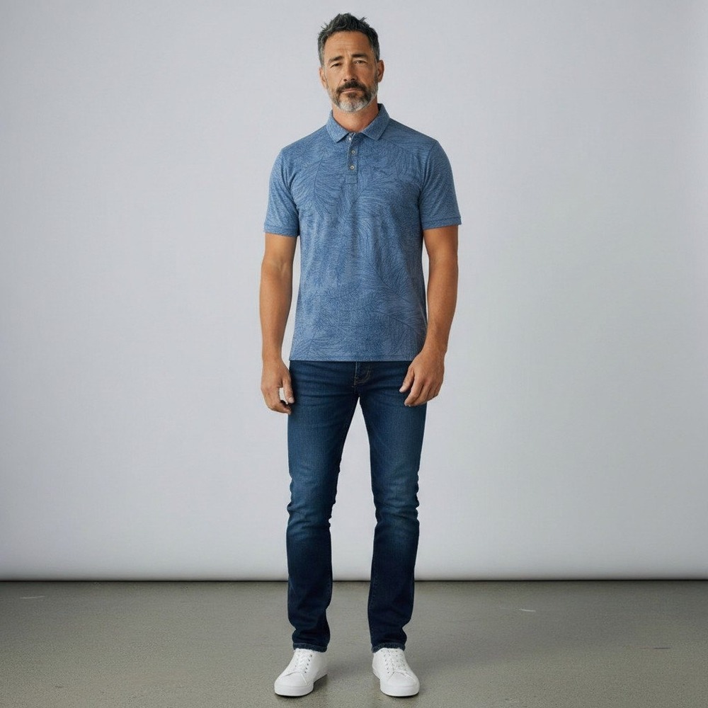 Tommy Bahama Polo Shirt XLT Blue Palm Leaf Print Tencel Blend Tall Short Sleeve